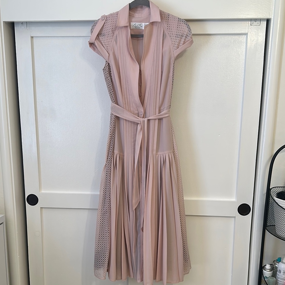 Byron Lars Light Pink Pleated Midi Dress with Notched Collar